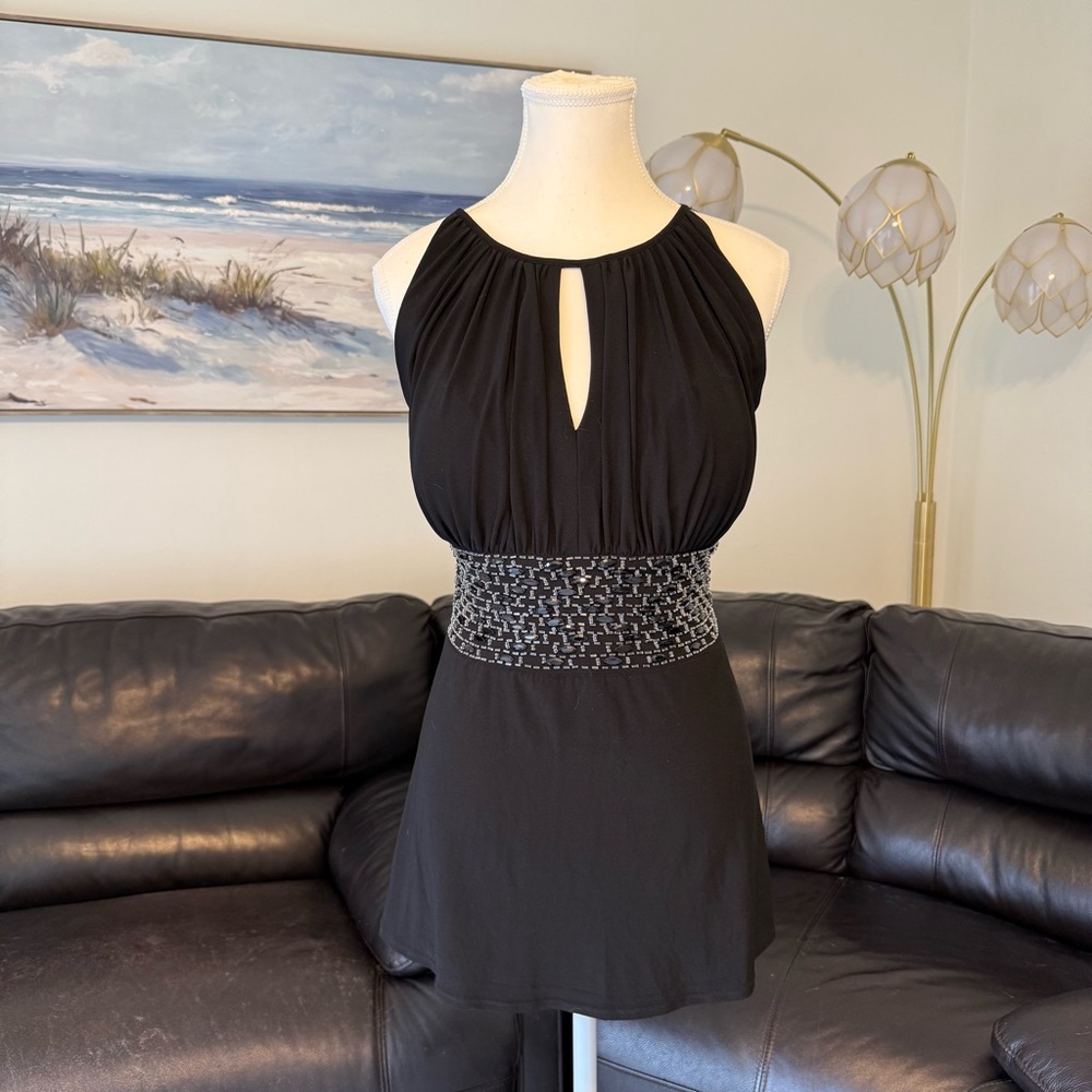 R&M Richards Black Beaded Formal Top Keyhole Neckline Built-In Bra Size 16 L Y2K